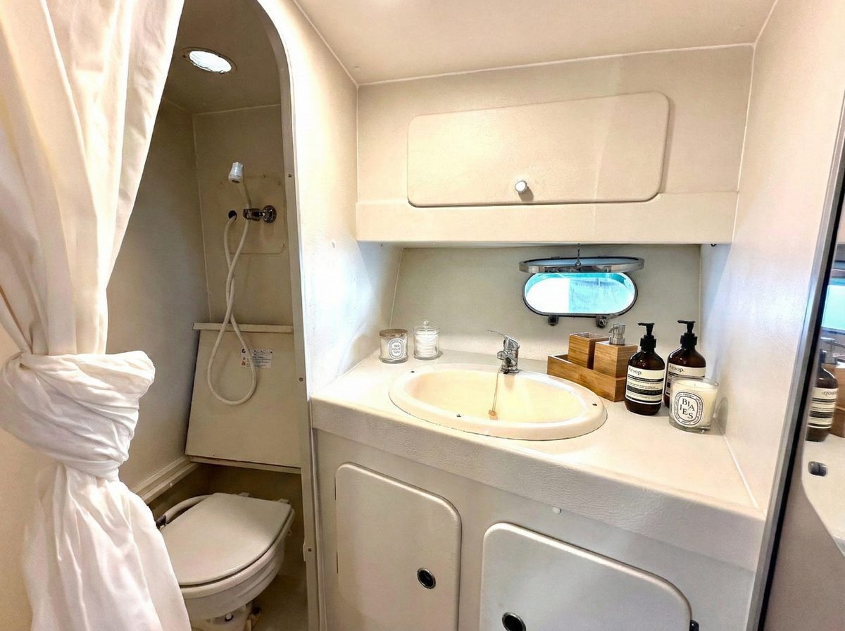 Bathroom with shower, sink, and toiletries