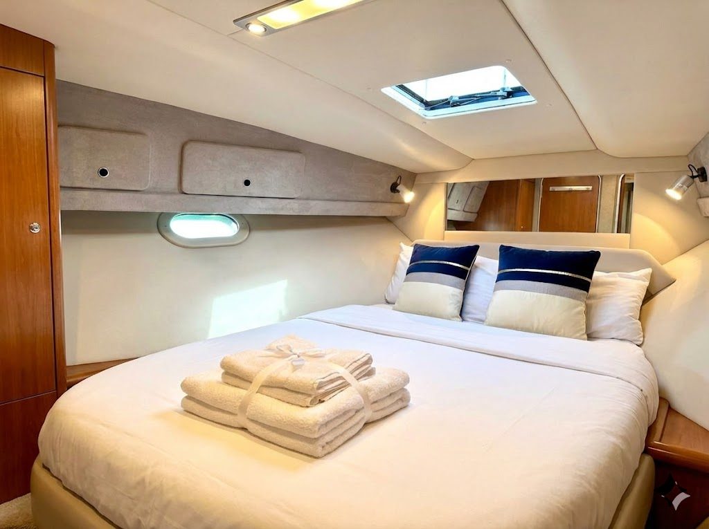 Double bedroom below deck with fresh towels