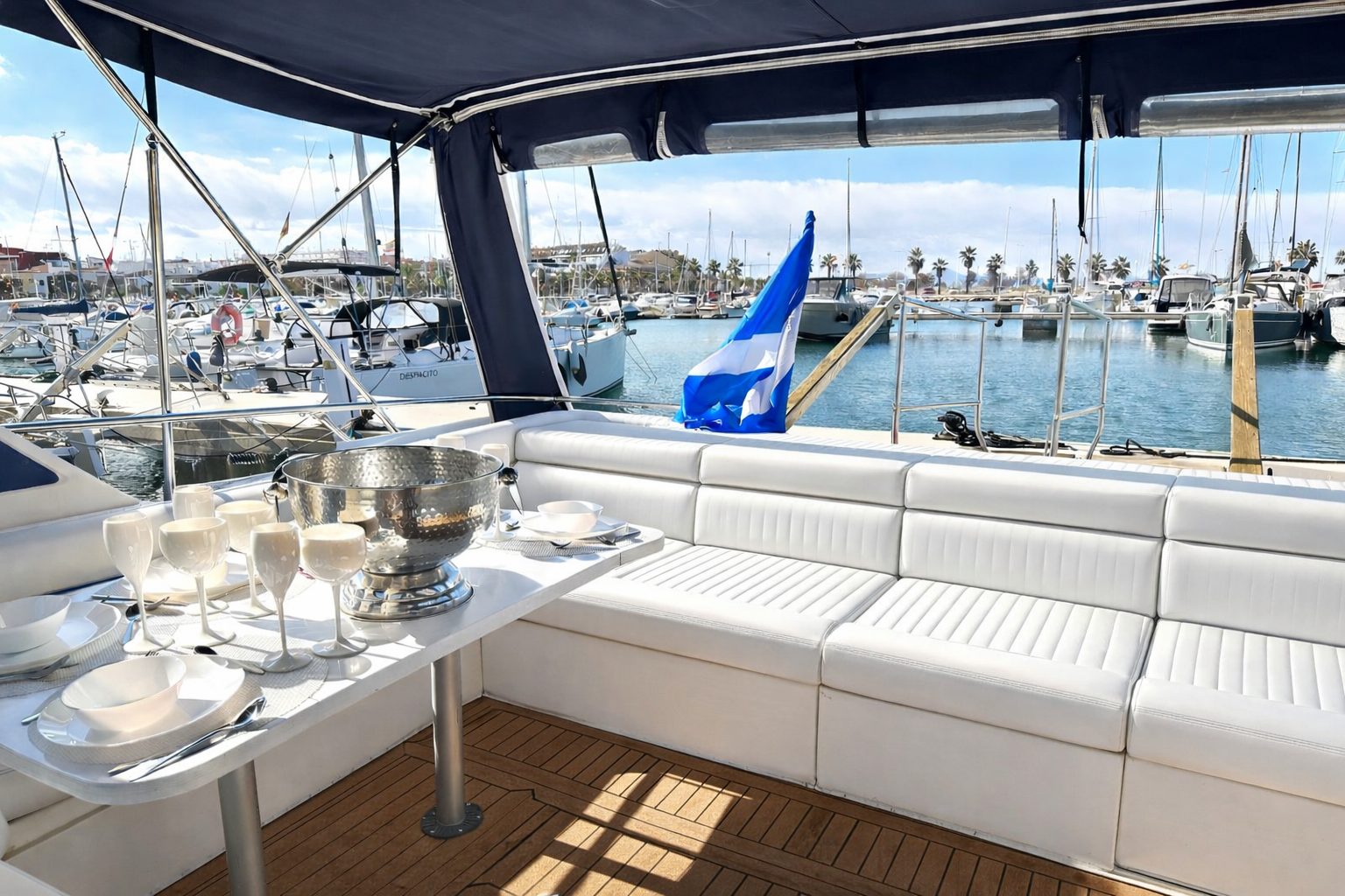 Sunseeker Travado 40 rear deck with champagne and seating