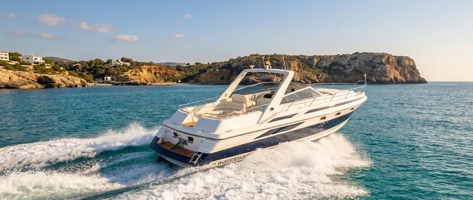 Sunseeker yacht at full speed along the Costa Blanca