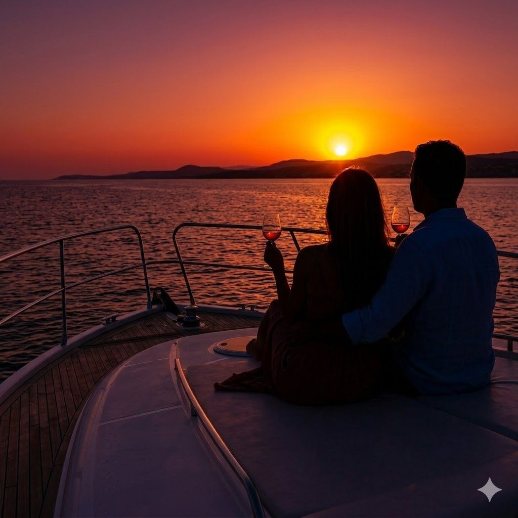 Couple watching sunset from yacht deck with wine